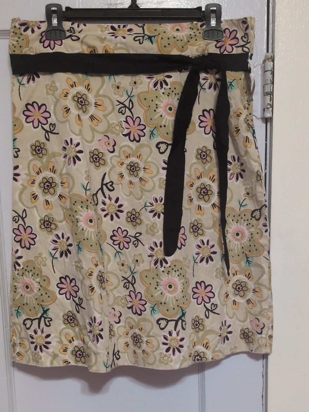 Angie Beige Floral A-Line Skirt with Black Tie